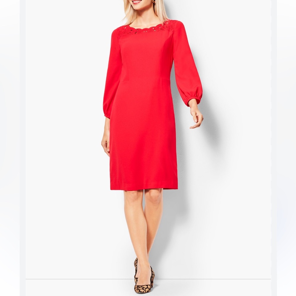 Talbots Red Embroidered Crepe Shift Dress 2 Office Party Cocktail Romantic NWT